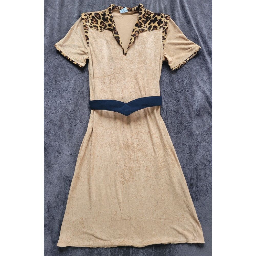 Vintage 1970s Animal Cheetah Print Shirt Day Dress Belted France Velvet Retro S